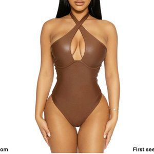 NWT - NAKED WARDROBE - Criss Cross Faux Leather Got Me Drippin Bodysuit